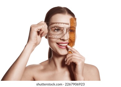 Making beauty, modifying face to make non-surgical or surgical correction, plastic surgery. correction of asymmetry. Young woman, female patient isolated on white studio background. Concept of lifting