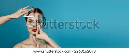 Making beauty, modifying face to make non-surgical or surgical correction, plastic surgery. correction of asymmetry. Young woman, female patient isolated on blue studio background. Concept of lifting