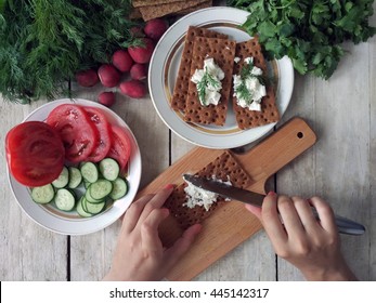 Making Breakfast With Crispbread And Feta