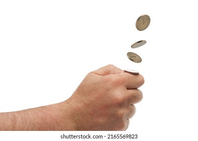 Making choice: hand throwing up a coin, isolated on white background with clipping path. - Shutterstock ID 2165569823