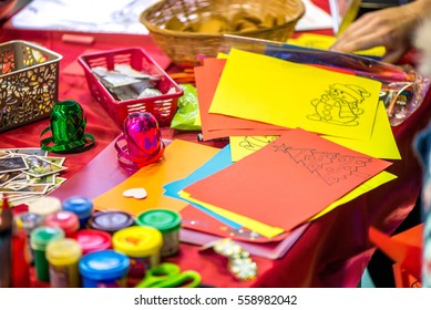 Making Christmas Cards And Decorations For Family And Christmas Tree. Workshop For Kids. Colors, Drawings, Ribbons, Pencils, Markers. Celebrations, Birthday Party, Presents, Happiness, Love, Joy.