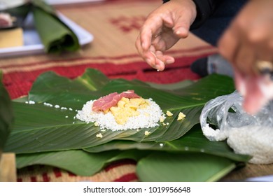Making Chung cake by hands closeup, Chung cake is the most important traditional Vietnamese lunar New Year (Tet) food.