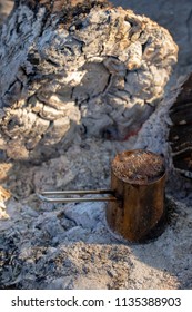 Making coffee at the stake. Make coffee or tea on the fire of nature. Burned fire. A place for fire. Ashes and coal.