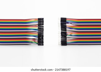 Making connections. Colorful Computer flat cable with micro pin connectors.  Ribbon cable with male and female connectors on white.
					
					  