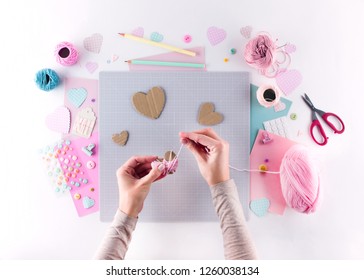 Making Diy Project. Knitting Decoration. Craft Tools And Supplies. Season Home Valentines Day Decor