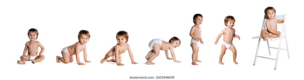 Making first steps Development of movement. Collage. Little baby boy, toddler in diaper walking isolated on white background. Concept of childhood, health care, baby emotions, growth - Powered by Shutterstock