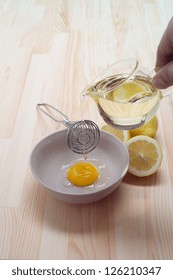 Making Fresh Mayonnaise Sauce On Kitchen Wood Table