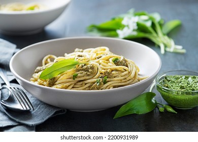 Making Fresh Pasta With Ramson Or Wild Garlic Pesto Closeup. Healthy Spring Food Concept