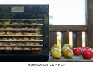 Making fruit chips. A horizontal dehydrator with sliced fruit on the shelves, next to fresh pears and apples.                               