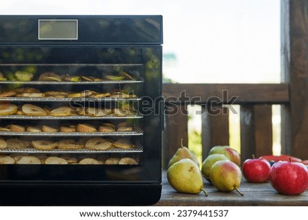 Making fruit chips. A horizontal dehydrator with sliced fruit on the shelves, next to fresh pears and apples.                               