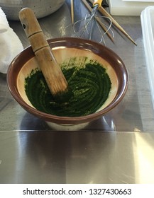 Making Green Paste From Herbs Using Japanese Mortar And Pestle 