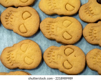 Making Halloween Skull Shaped Crispy Yellow Cookies At The Bakery