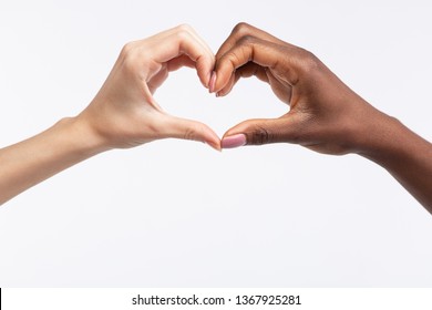 Making Heart. Close Up Of Diverse Women With Different Skin Color Making Heart Out Of Hands