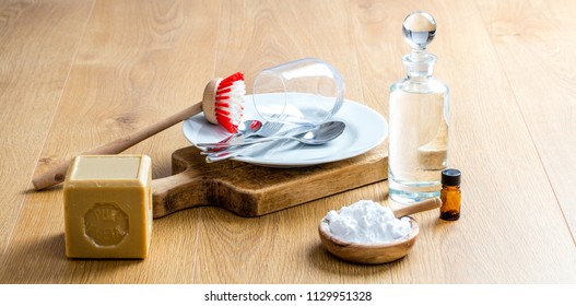 Making Homemade Dish Washing Detergent With Healthy Soap, Natural Essential Oils And Biodegradable Baking Soda For DIY Green Cleaning