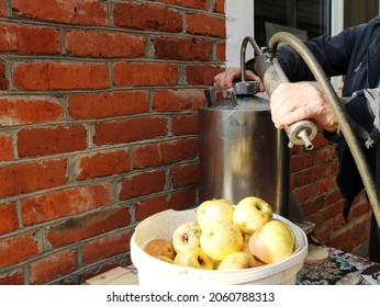 Making Homemade Drinks From Apple Harvest Using A Moonshine Still, Calvados And Apple Moonshine Production Using An Alcoholic Machine, Apples As An Ingredient For Making Homemade Alcohol