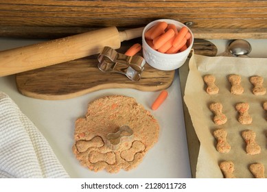 Making Homemade Healthy Carrot Dog Treats. Dough  With Cookie Cutters.  