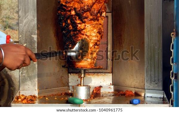 Making Indian Street Food Shawarma Outdoors Stock Photo