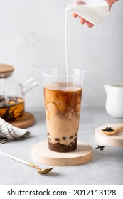 Making Milk Bubble Tea With Tapioca In A Plastic Cup, Selective Focus