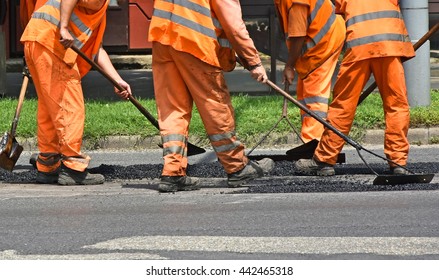 Making new asphalt on the street - Shutterstock ID 442465318