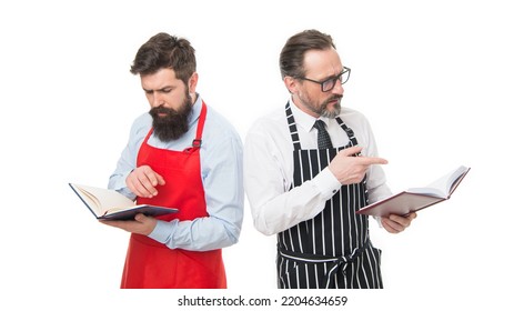 Making Notes. Cafe And Restaurant Opening. Menu Planning. Happy Chef Team In Apron. Catering Business. Seating Plan. Partners Cook Cooking. Culinary Ingredient. Bearded Men With Recipe Book, Notes