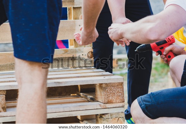 Making Outdoor Furniture Pallets People Industrial Stock Image