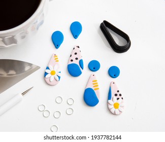 Making Pink Blue And White Daisy Flower Polymer Clay Earrings With 3D Printed Clay Cutter Tools