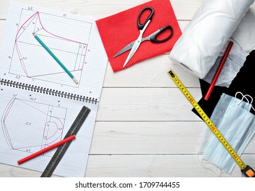 Making A Protective Mask For The House From The Fabric, Create A Markup Template For Sewing The Mask, Step-by-step Instructions. Top View, Drawing, Tools And Materials For The Manufacture Of Masks