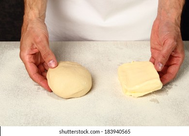 Making Puff Pastry. Dough And Butter Ready To Make.