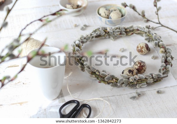 Making Pussy Willow Wreath Decorating Quail Stock Photo Edit Now