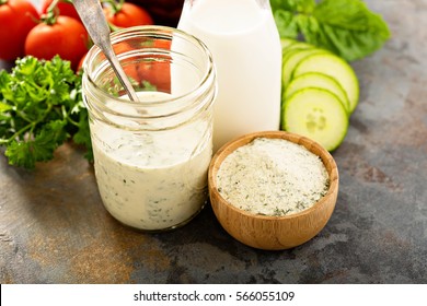 Making Ranch Dressing From A Dry Mix With Milk And Yogurt.