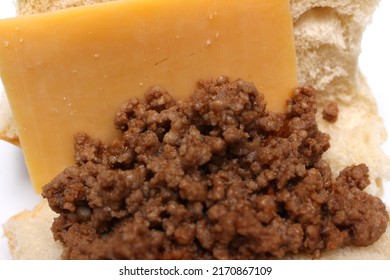 Making Sandwich With Ground Beef And Cheese, Bread With Meat And Cheese, Meat And Cheese Sandwich, Preparing A Snack