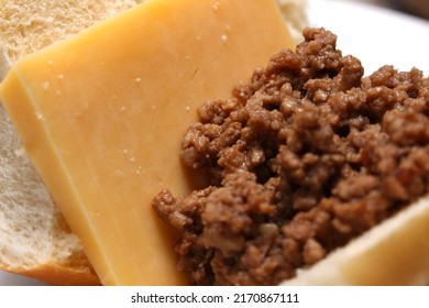 Making Sandwich With Ground Beef And Cheese, Bread With Meat And Cheese, Meat And Cheese Sandwich, Preparing A Snack