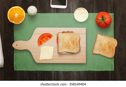 Making Sandwich On Cutting Board At Breakfast Time Top View.