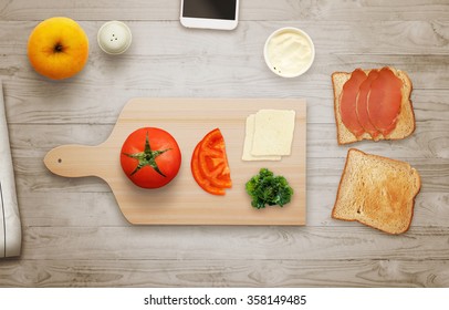 Making Sandwich On Cutting Board At Breakfast Time Top View.