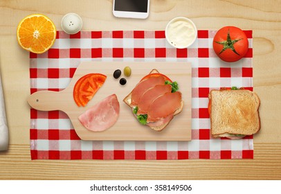 Making Sandwich On Cutting Board At Breakfast Time Top View.