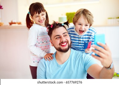 Making Selfie Snap Shot With Crazy Hairstyle And Makeup When You Home Alone With Children