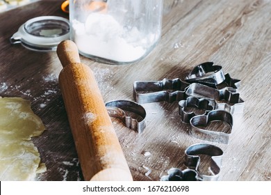 Making shortbread cookies, pastry equipment rolling pin cookie cutters flour and shortbread dough