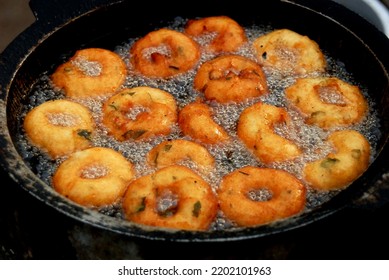 Making Of Sri Lankan Street Food Fried Sambar Vada, In Doughnut-shape,eaten As A Breakfast Or A Snack. 