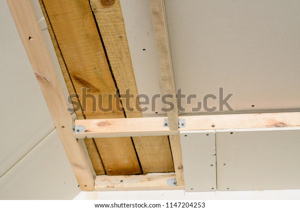 Making Suspended Ceiling Using Wooden Frame Stock Photo