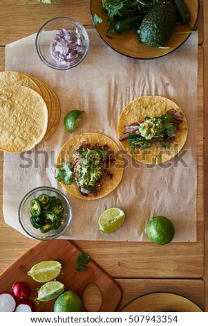 making tacos in kitchen flat lay composition