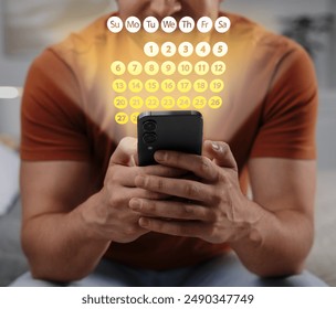 Making timetable. Man using smartphone, closeup. Virtual calendar projected from device