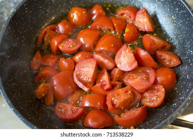 Making Tomato Sauce In Pan With Cherry Tomatoes