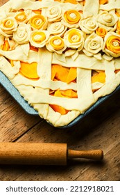 Making Traditional Pumpkin Pie, Raw Pie.Rustic Table