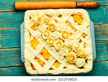 Making Traditional Pumpkin Pie, Raw Pie.Rustic Table