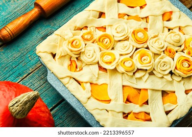 Making Traditional Pumpkin Pie, Raw Pie.Rustic Table