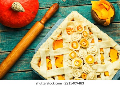 Making Traditional Pumpkin Pie, Raw Pie.Rustic Table