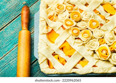 Making Traditional Pumpkin Pie, Raw Pie.Rustic Table