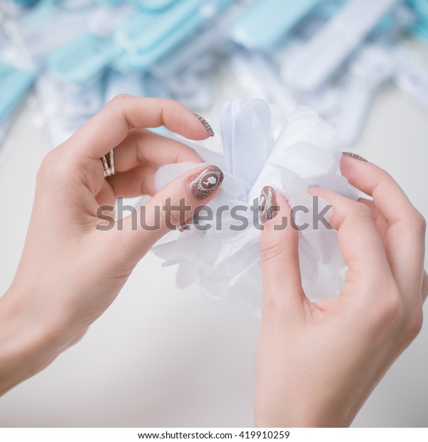 Making White Paper Pompom Hands Diy Stock Photo Edit Now 419910259