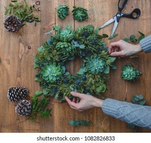 Making Wreath With Green Succulent Roses