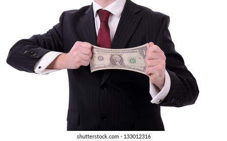 making your money go further, businessman stretching out a dollar isolated on white